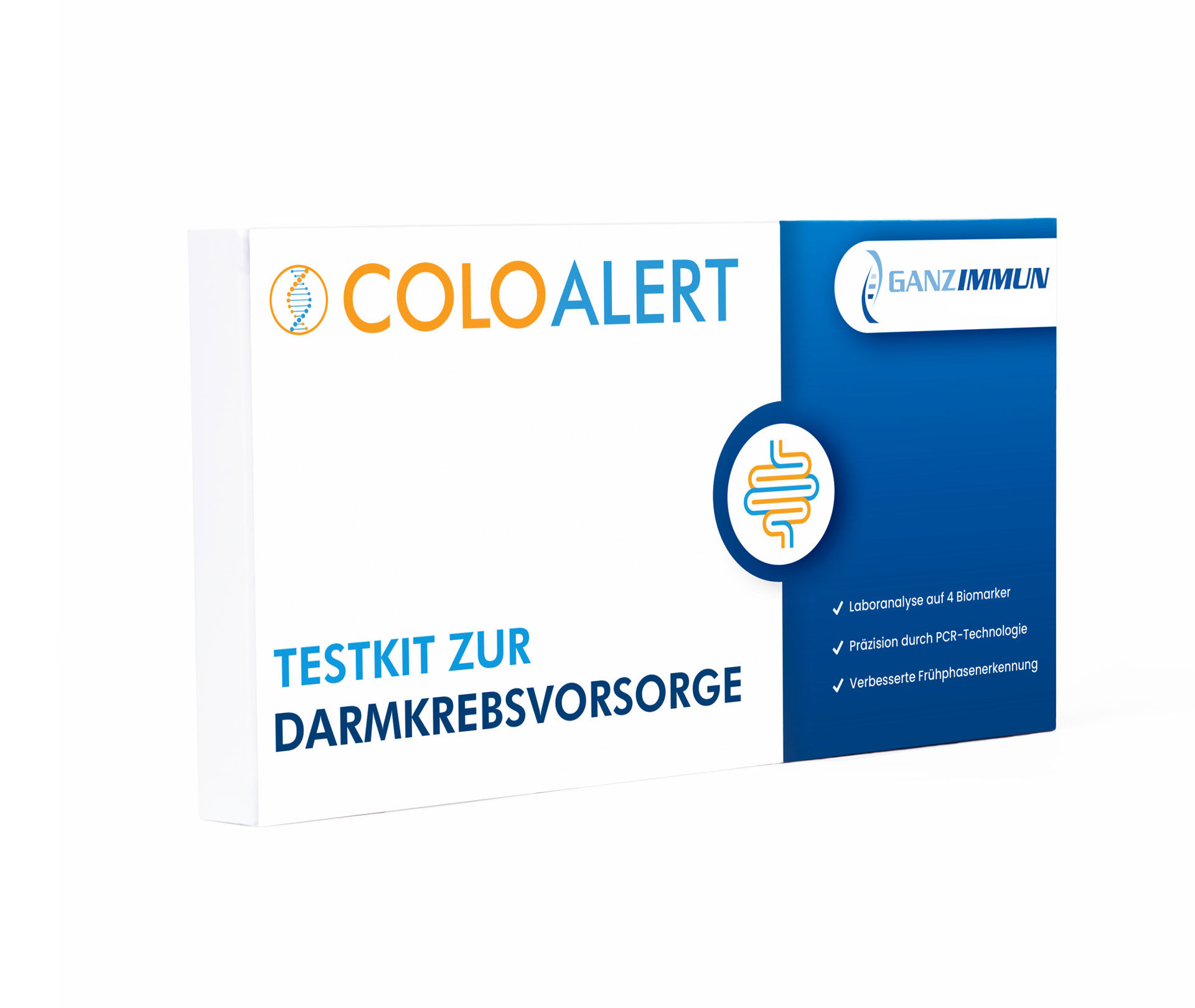 ColoAlert-Testkit von GANZIMMUN zur Darmkrebsvorsorge mit moderner PCR-Technologie zur Erkennung von vier Biomarkern für eine verbesserte Früherkennung.
